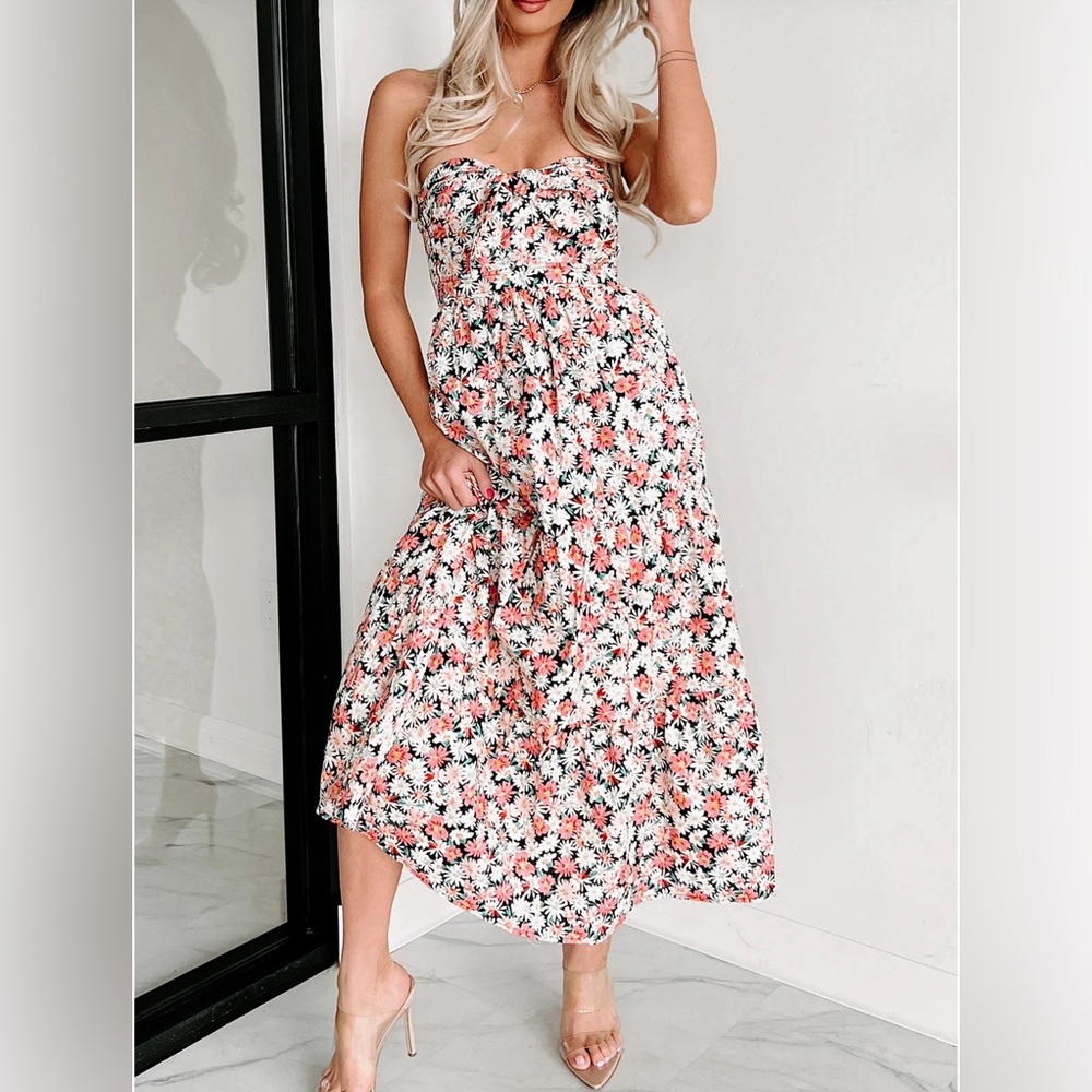 HyFve Romantic Cottagecore Strapless Floral Midi Dress (Black/Multi) Size Small